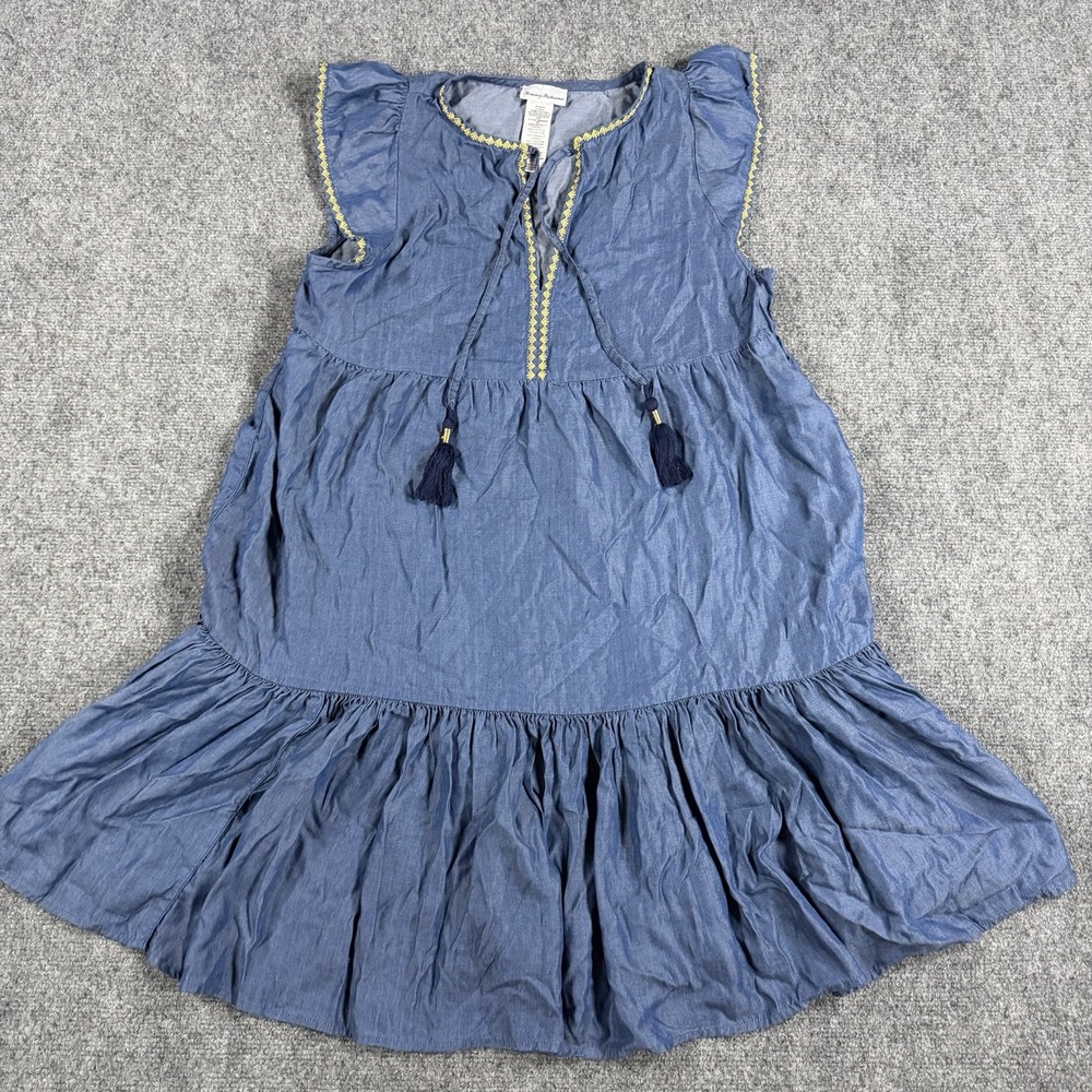 Tommy Bahama Chambray Dress Womens Small Blue Coverup Tiered V Neck Beach Tassel